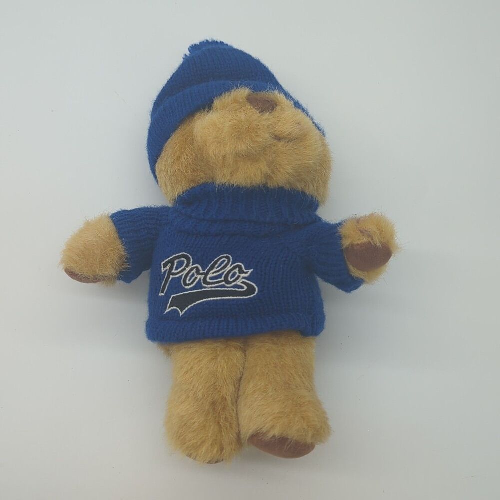Polo Ralph Lauren Teddy Bear Plush Blue Sweater Beanie Knit Hat Stuffed Toy